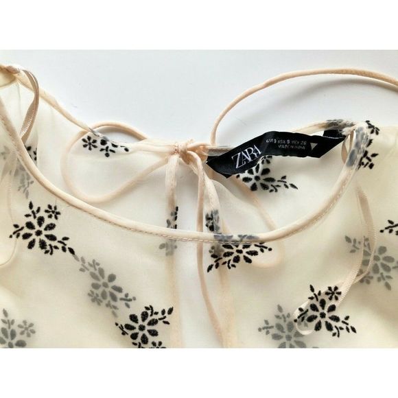 NWOT ZARA Sheer Organza Velvet Floral Puff Sleeve Bustier Crop Top Blouse Size S - Picture 9 of 13
